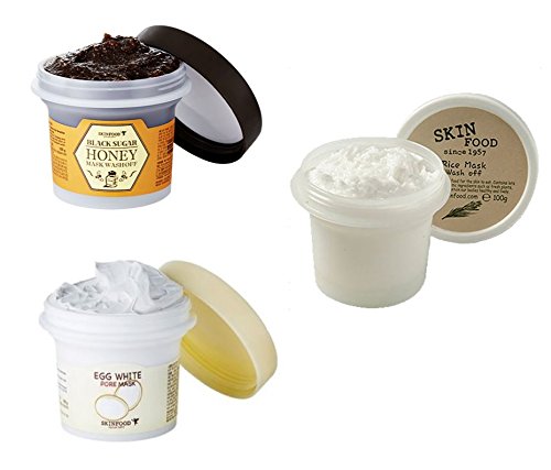 K-Beauty, 3 SKINFOOD MASK Package, Black Sugar Honey Mask (100g) Bundle with 1 Egg White Pore Mask (100g) and 1 Rice Mask Wash Off (100g)