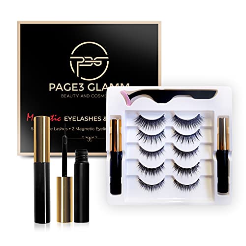 PAGE3GLAMM PAGE3 GLAMM’S (now launched in USA) Magnetic eyeliner and Eyelashes Kit,Magnetic Reusable 5 Pairs Eyelashes with 2 strongest Waterproof Eyeliners and 1 Tweezer (SILICON),Black,13 Piece Set