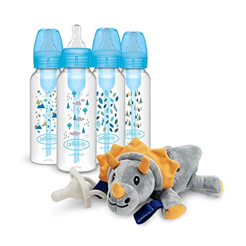Image of Dr. Brown’s Natural Flow® Anti-Colic Options+™ Narrow Baby Bottles 8 oz/250 mL, with Level 1 Slow Flow Nipple, 4 Pack, Blue Nature & Triceratops Lovey with HappyPaci Pacifier, 0m+