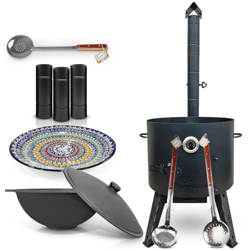 Utschak Feuerofen mit Thermometer Schornsteinverlängerung, Gusseisen Topf flacher Boden mit Deckel (22 L) Schaumlöffel, Schöpfkelle, Lagan KazanoFF, Учаг, Kazan (Set 4)
