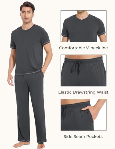 GYS Men's Pajama Sets, Viscose Made from Bamboo, Short Sleeve T-Shirt and Lounge Pants 2 Piece Pajamas for Men4
