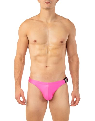 Gary Majdell Sport Men’s Bikini Swimsuit with Side Buckle - Available in Shiny Tricot, Liquid Metallic, and Nylon Spandex Prints (Neon Pink, L)3