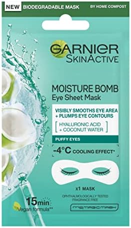 Garnier Moisture Bomb Coconut Water Eye Mask, With Hyaluronic Acid And Coconut Water, Hydrating & Replumping Under Eye Mask, Reduce Appearance of Fine Lines, Biodegradable and Vegan Tissue Mask, 6g