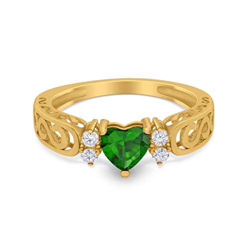 Blue Apple Co. Yellow Tone, Simulated Green Emerald CZ Size-5 Filigree Swirl Heart Promise Engagement Ring Round Simulated Cubic Zirconia 925 Sterling Silver