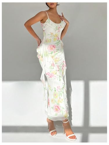 Milumia Women's Floral Mesh Ruffle Cami Dress Sexy Spaghetti Strap Bodycon Maxi Dresses4