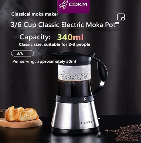 Image of Electric Moka pot, 3 /6 Cup Italian Espresso Maker, automatic power-off coffee maker, Glass Top Automatic Coffee Brewer, Full automatic coffee machine, Italian flavor, safe (340ml) | Borosilicate Glass Coffee Machine, Automatic Power Off,Espresso Machine,3 /6 Cups,Easy and Secure