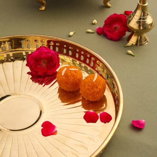 Image of RM Metals Pure Brass Pooja Thali with Handles - 10-Inch Traditional Floral Design Aarti Plate | 480 grm Handmade Glossy Finish Puja Thali for Temple, Home, and Festive Use