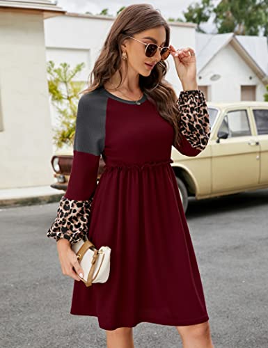 Missky Women Casual Tunic Dress Lantern Long Sleeve Color Block Dress Leopard Print Mini Dresses Wine Red Xxl #TOP4