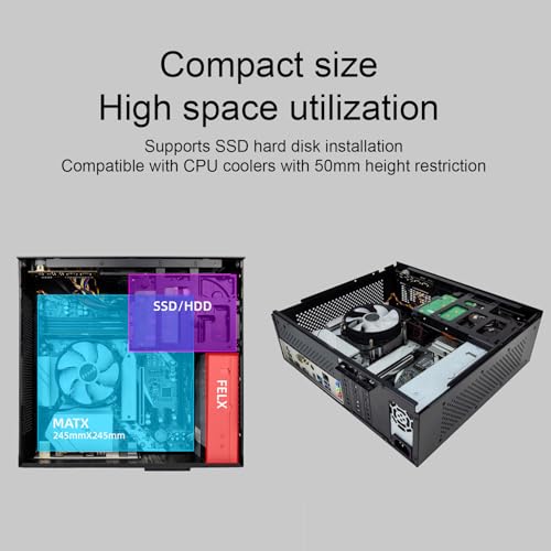 Gabinete pequeño para PC con placa de acero, soporte para motherboard Mini-ITX, ventilación eficiente con refrigeración por aire, y puertos USB 2.0 miniatura 3