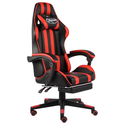 Silla de gaming con reposapiés de piel sintética negra y roja, silla de oficina regulable en altura con respaldo y función giratoria de 360 grados para oficina en casa y estudio comodidad