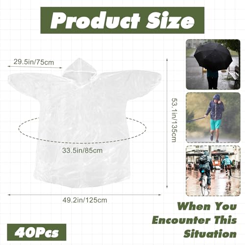 40 Pack Disposable Rain Ponchos for Adults,Bulk Clear Elastic Sleeve Disposable Raincoat with Drawstring Hood,Emergency Poncho for Man Women Travelling,Camping Hiking2