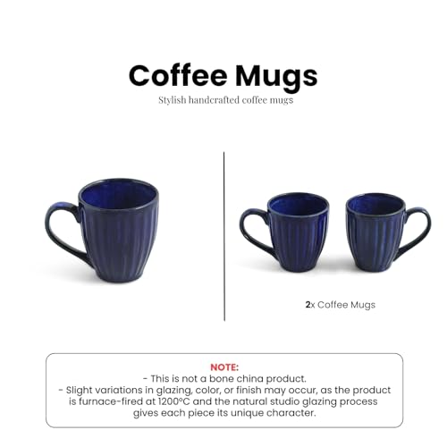 Image of ExclusiveLane 'Midnight Ribbed' Hand-Embossed Ceramic Coffee Mug Ceramic Mugs for Milk Chai Tea Cup (Set of 2, 260 ML, in Gift Box, Microwave Safe)