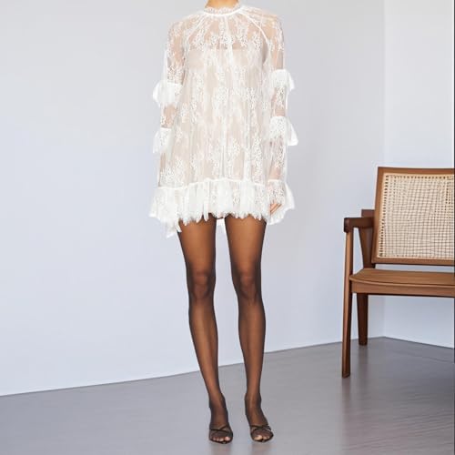 Women Lace See Through Mini Dress Long Sleeve High Neck Loose Fit Sheer Floral Short Dress Sexy Beach Cover Up2