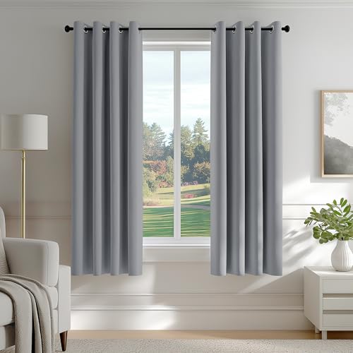 Image of FMFUNCTEX 100% Blackout Curtains for Bedroom, Dark Grey Curtains 54 Inches Long Textured Thermal Insulated Curtains for Living Room Drapes, Black Out Drapery Grommet Room Darkening 2 Panels