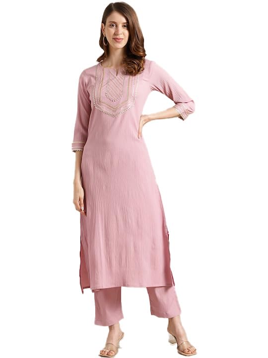 Varanga Womens Mauve Straight Kurta With Gota Lace, Round Neckline, Side Slits, Straight Hemline - Casual Wear