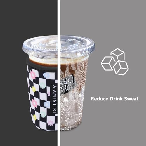 Image of 3 Pack Reusable Neoprene Sleeve for Iced & Hot Drinks, Compatible with Starbucks & Dunkin' Coffee Cup (Checkerboard & Daisy)