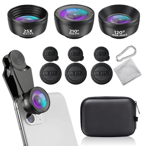 Lente de cámara 3 en 1 para teléfono móvil, objetivo macro de teléfono móvil, HD 210°, lente ojo de pez de 120°, gran angular de 120°, objetivo macro 25X, para la mayoría de los teléfonos inteligentes