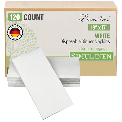SimuLinen White Dinner Napkins Disposable Linen Feel Napkins Cloth-Like Folded Paper Soft and Strong 19x17 - Box of 120
