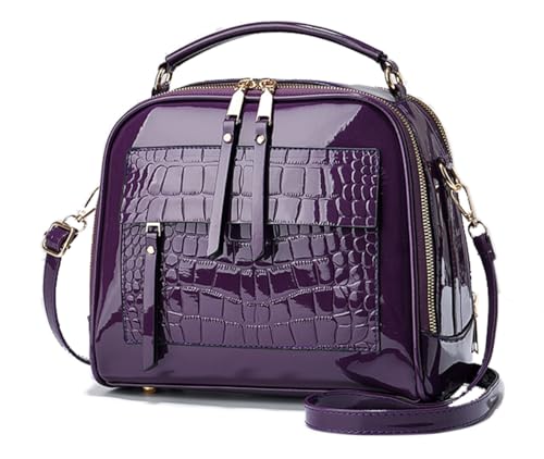 Image of Patent Leather Handbag Multi Pockets Top-handle Satchels Stone Pattern Shoulder Bags All Around Zipper Crossbody Purse, Purple, 9.8 inches x 3.9 inches x 8.6 inches