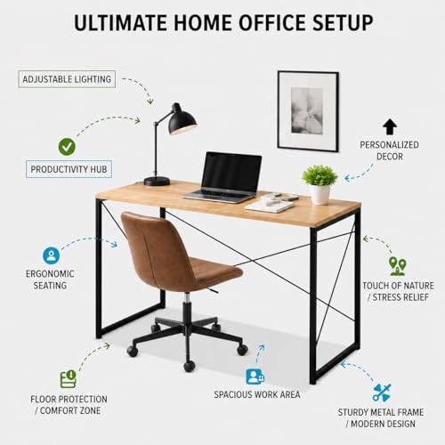 Image of Modern Wooden Computer Desk Home Office Study Desk with Metal Frame, Minimalist Writing Desk Laptop PC Workstation Table for Home Office Study Room Bedroom (Brown)