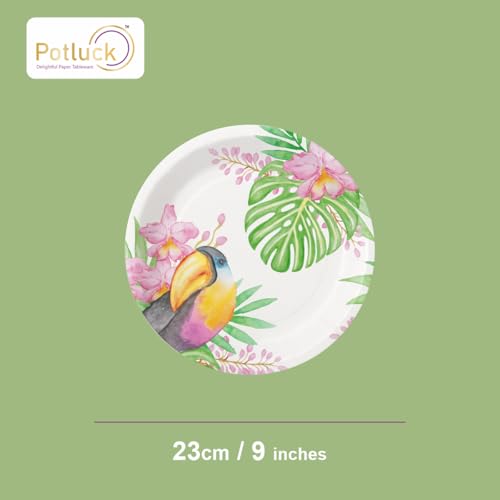 Image of Potluck Tropical Toucan Disposable Paper Plates, 9 Inch Food Grade Tableware for Parties, Events, Snacks & Meal Serving Pack