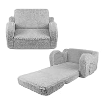 Toemics 2-in-1 Kids Sofa Bed Convertible Toddler Couch to Lounger Chair with Removable Washable Cover Sherpa and Plush Folding Sofa Bed for Boys Girls, Gift for Birthday, Christmas (Grey)