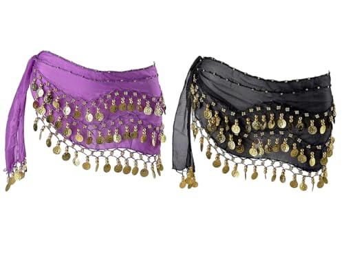 Hitopin 2 Stücke Bauch Tanz Hüfte Rock, Damen Bauchtanz Gürtel, Bauchtanz Münztuch, Münzen Gürtel Röcke, Bauchtanz Kostüm Hüfttuch Rock, für Bauchtanz, Lateinamerikanische Tänze（Lila, Schwarz）