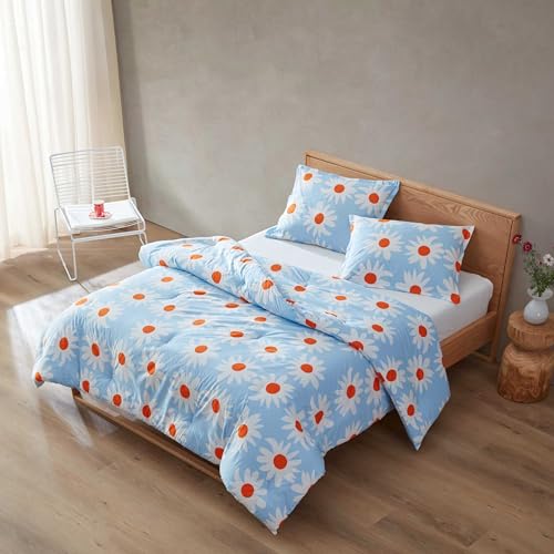 Image of MARIMEKKO - Duvet Cover King Size, Naturally Soft & Smooth Cotton Percale Bedding with a Lightweight Feel - 3 Piece Bed Set with Matching Pillowcases (Rakastaa El Rakasta Blue)