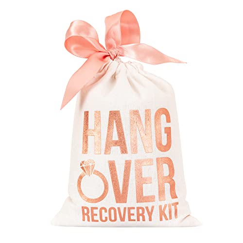 MEJOY 10pcs Wedding Party Favor Bags,Rose Gold Foil Gift Bags,HANGOVER Bags, Hangover Kit Bags for Bridal Shower Bachelorette Recovery Kit Bags Cotton Muslin Drawstring Bag (ROSE RING, 5