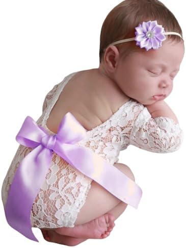 Newborn Photography Outfits Girl, Newborn Photography Props, Baby Girl Lace Romper with Flower Headband (Lavender)