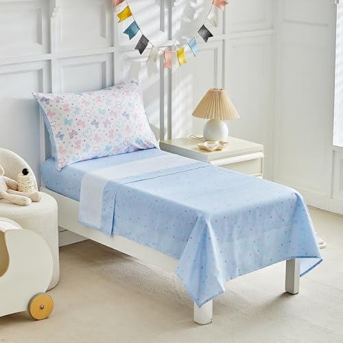 Image of JHXHMX Butterfly Toddler Bedding Set for Girls,4 Pieces Bed-in-a-Bag Toddler Bed Set,Soft Crib Comforter Sheet Set Including Comforter,Fitted Sheet,Flat Sheet and Pillowcase-White