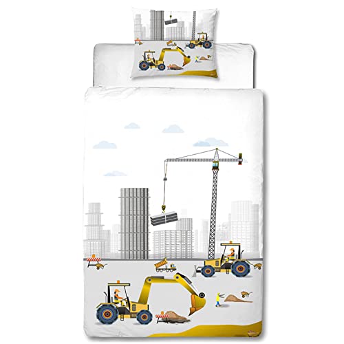 MUSOLEI Housse de Couette Enfant 135x200cm Chantier de Construction Parure de Lit Motif Camion pour Garçons avec Taie d oreiller（65x65cm） 3D Cartoon Dessin Animé en Microfibre avec Fermeture Éclai