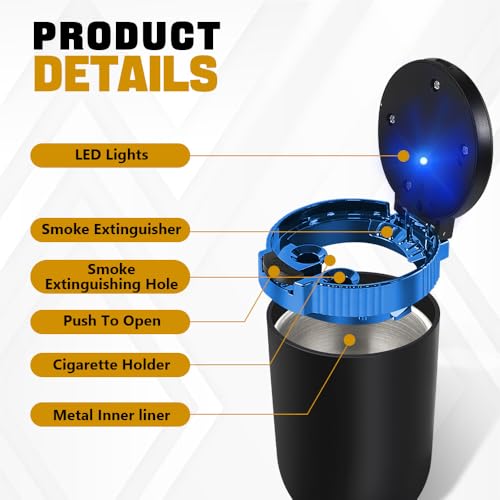 Image of Car Ashtray with Lid, Detachable Stainless Smokeless Ash Tray with LED Blue Light, Mini Portable Trash Can for Vehicle Cup Holder, Universal Interior Car Accessories (Blue)