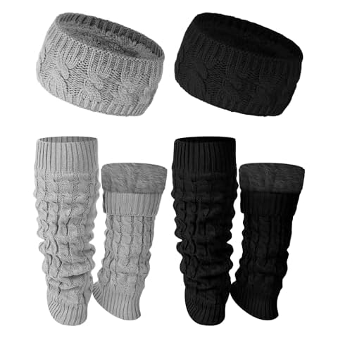 Chuarry 4 Pack Figure Skating Leg Warmers and Headband Set Winter Fleece Leg Warmers Twisted Headband for Women Girls Skating (Black and Light Gray) Cover