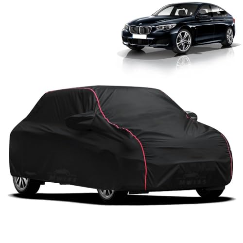 Image of Waterproof Car Cover for BMW 5 Series GT | All-Weather Protection, Dustproof & UV Resistant | Triple Stitched Mirror Pockets, Windproof Buckle Strap with Elastic Hem, Black-Red Piping