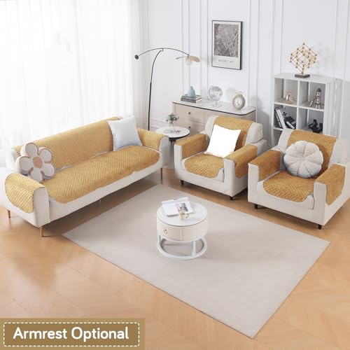 Image of HOKIPO Quilted Sofa Cover 5 Seater Set (3+1+1) - Sofa Cover for Seat & Back | 'Quilt Classic' Yellow (IN-927 * 2+925 * 4-YLW)