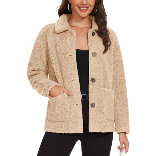 bawilom Womens Early Fall Casual Fleece Jacket Fuzzy Button Down Faux Shearling Sherpa Jacket Shacket Faux Fur Teddy Coat