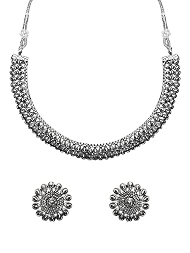 I Jewels Navratri Ethnic Silver Oxidised Traditional Choker Necklace and Earrings Jewellery Set For Women & Girls (MC098OX)