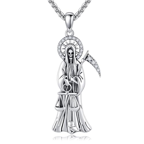 Santa Muerte Necklace Sterling Silver Cadena De la Sannta Muerte Grim Reaper Jewelry Gift for Men