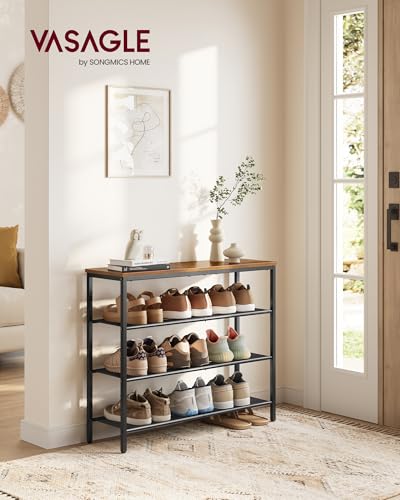 Image of VASAGLE 4-Tier Shoe Rack, Large Shoe Storage Organizer for Closet, Entryway, 15-20 Pairs, with 3 Metal Mesh Shelves, 10.8 x 29.5 x 28.5 Inches, Rustic Brown and Black ULBS114KD01