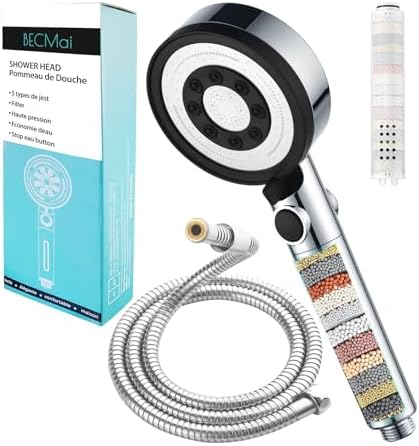 BECMai Duschkopf Filter mit Schlauch, Hochdruck Duschbrause Chrome | Wassersparend Kalkfilter Handbrause Dusche Anti Kalk, Shower Head for Hard Water, Stoppfunktion, 5 Modes Jets,