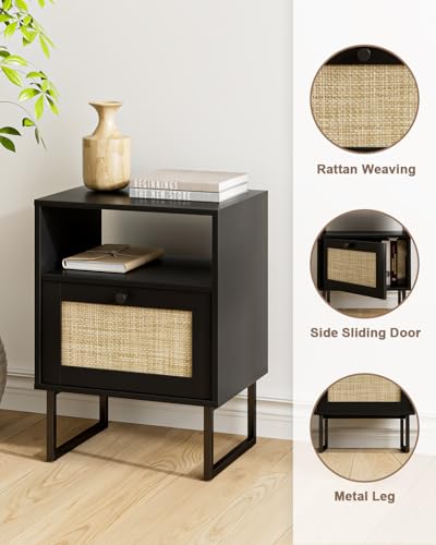 Image of Rattan Nightstand, Mid Century Modern Night Stand,Boho Farmhouse Wood Bedside Table with Storage and Open Shelf, End Side Accent Table for Bedroom,Living Room,Black