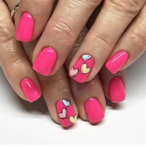 24pcs Square Press On Nails Valentine's Day False Colorful Heart Designs Glossy Acrylic For Women And Girls Women Nail Trends
