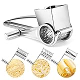 Rotary Cheese Grater Stainless Steel Manual Handheld Cheese Grater Shredder Cutter with 3 Drum Blades Hand Crank Kitchen Tool for Grating Hard Cheese Chocolate Nuts with Gasket