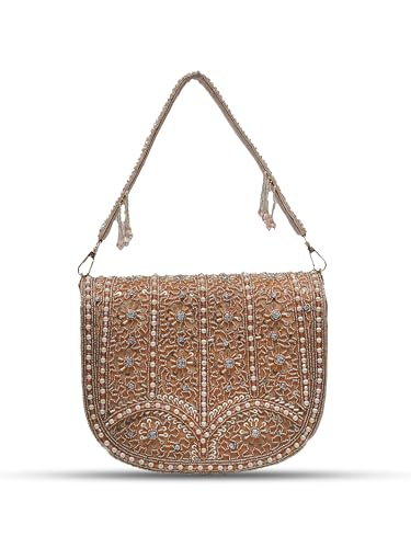 Image of THE TAN CLAN Kavya Beige Flap Over Bag Clutch Purses Luxury Evening Handbags with Handle