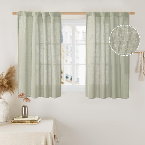 LAMIT 40 Inch Length Linen Curtains for Small Windows, Semi Sheer Light Filtering Panels Back Tab and Rod Pocket Neutral Drapes for Basement/Window/Loft Room, Sage Grey, 2 Panels, 34 x 40 Inch