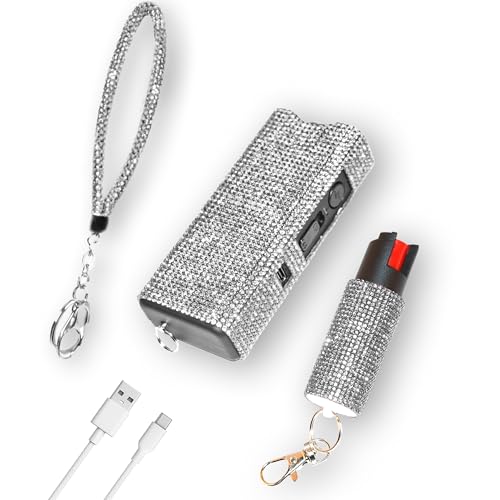 Silver MagiUSA Bling Pepper Spray & Stun Gun&Bracelet 3in1 Combo Tazzer Self Defense Kit for Women Stylish Keychain with Flashlight Compact Protection for Travel Daily Use & Emergency Situations Tasr