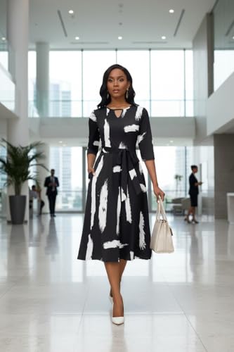 Image of CLOCOR Midi Dresses for Women Casual A-Line Fit and Flare Dress Crewneck 3 /4 Sleeve Keyhole Cocktail Party Church Dress