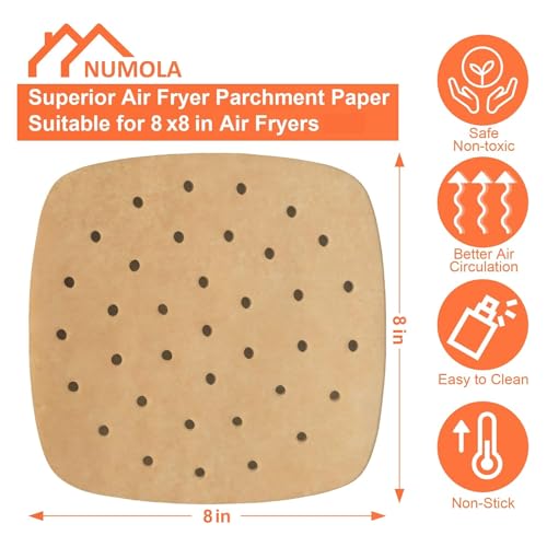 Numola 100 Pcs Air Fryer Liners Disposable Parchment Paper, 8 Inch Perforated Airfryer Sheets for Baking, Square Unbleached Non-Stick Steamer Liner for Oven, Microwave, Steaming Basket