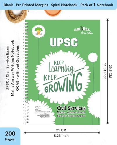 Image of amblitz UPSC Answer Writing Sheet | 200 Pages | Spiral Notebook | A4 Size | Blank with Pre-Printed Margin for Practice | 70 GSM Thick Paper |